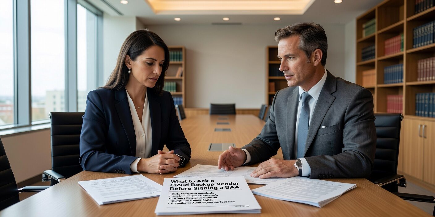 Essential questions to ask cloud backup vendors before signing a BAA. Learn what to verify for HIPAA compliance, security controls, and breach response.