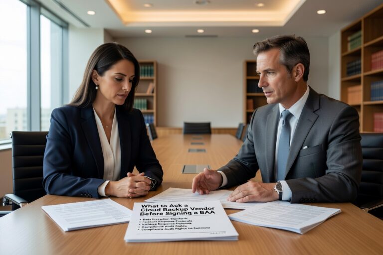 Essential questions to ask cloud backup vendors before signing a BAA. Learn what to verify for HIPAA compliance, security controls, and breach response.